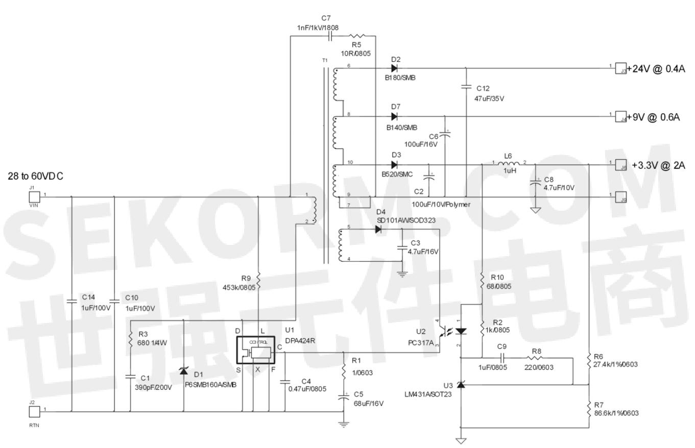 【经验】基于隔离式dc/dc转换器dpa424r的22w三路输出隔离式反激电源