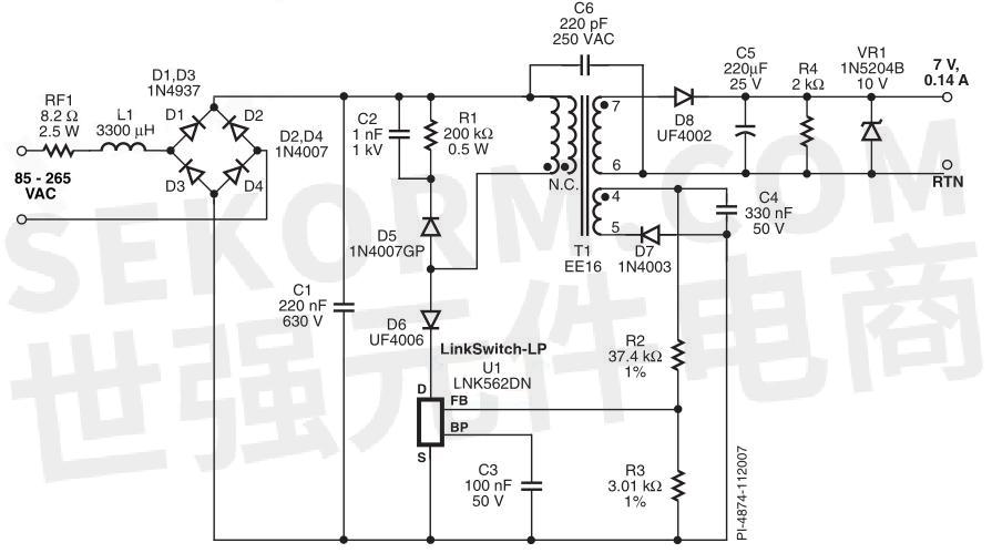 图1    使用lnk562dn设计的7v,0.14a供电电源的电路原理图