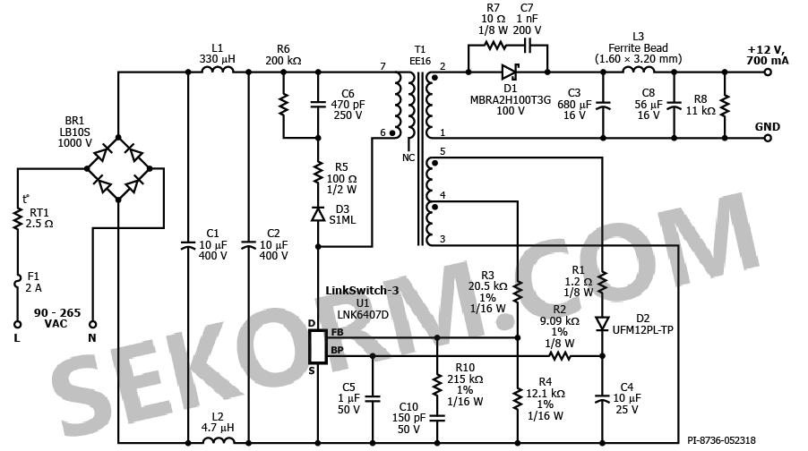 基於lnk6407d恆壓/恆流開關ic的12v/700ma acdc開關電源設計方案